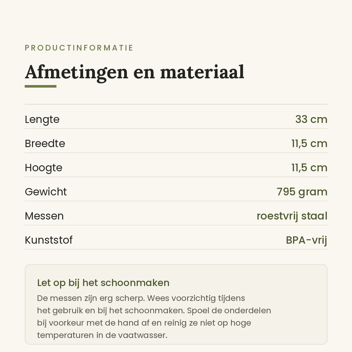 Afmetingen en materiaal van de groentesnijder