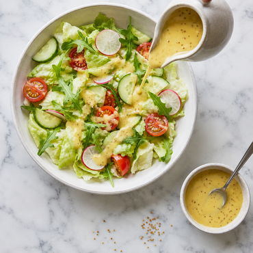Honing mosterd dressing over een salade