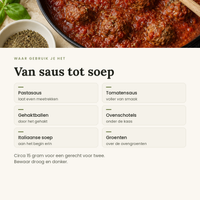 Toepassingen: pastasaus, gehaktballen, ovenschotels, soep en groenten