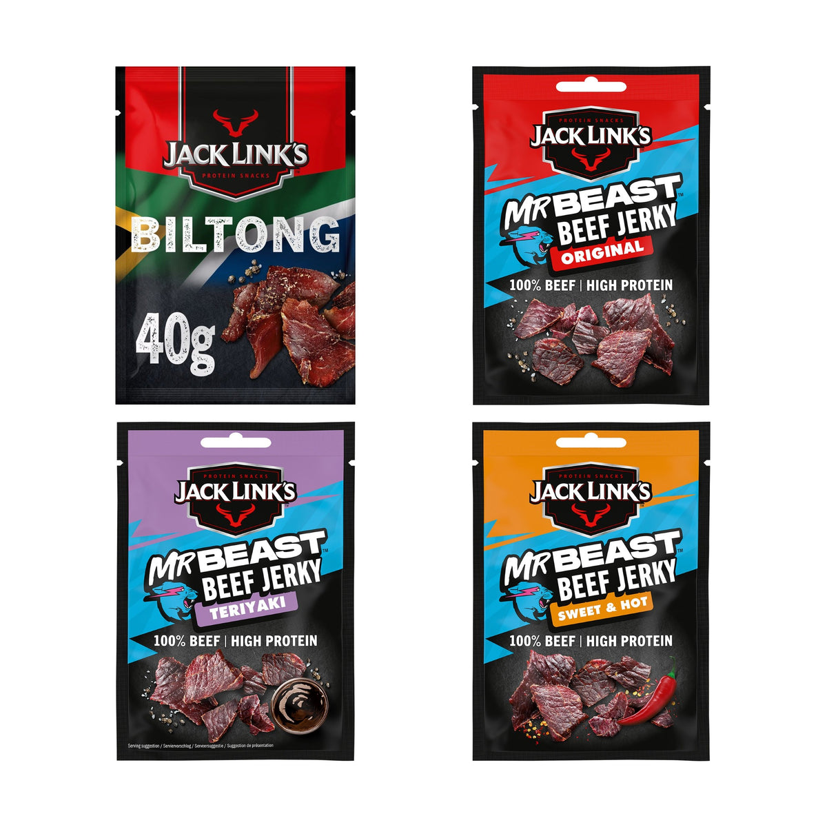 Jack Link's proefpakket met Biltong en MrBeast Beef Jerky Original, Teriyaki en Sweet & Hot