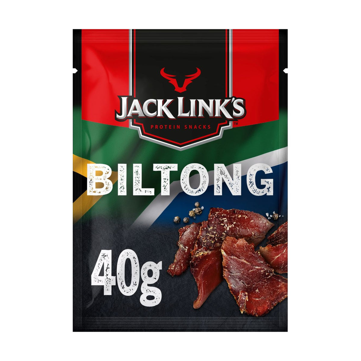 Jack Link's Biltong, zakje van 40 gram luchtgedroogd rundvlees, 1,2 gram koolhydraten per zakje