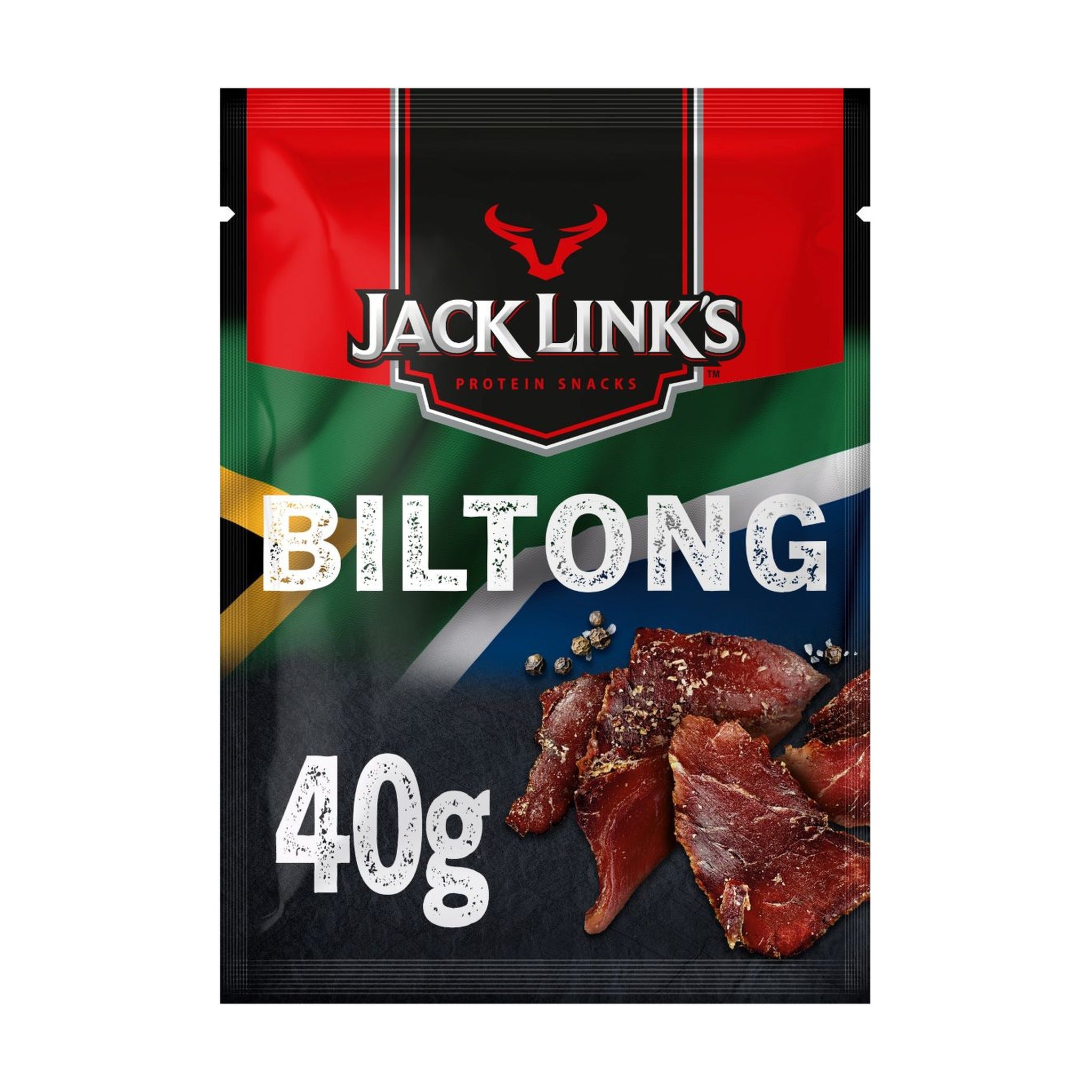 Jack Link's Biltong, zakje van 40 gram luchtgedroogd rundvlees, 1,2 gram koolhydraten per zakje