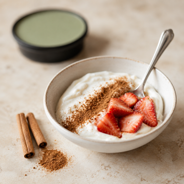 Griekse yoghurt met kaneelpoeder en aardbeien