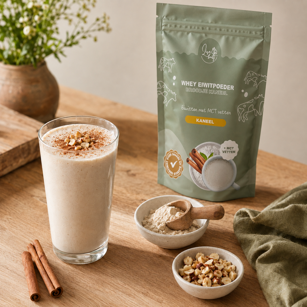 Kaneelshake gemaakt met Lisa's whey eiwitpoeder kaneel, met de zak op de achtergrond