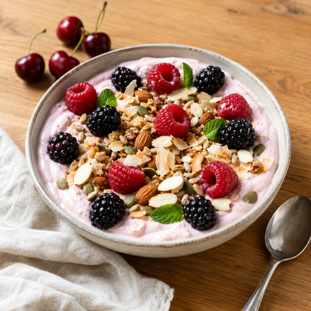 Griekse yoghurt met kersen whey, keto granola, frambozen en bramen