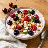 Griekse yoghurt met kersen whey, keto granola, frambozen en bramen