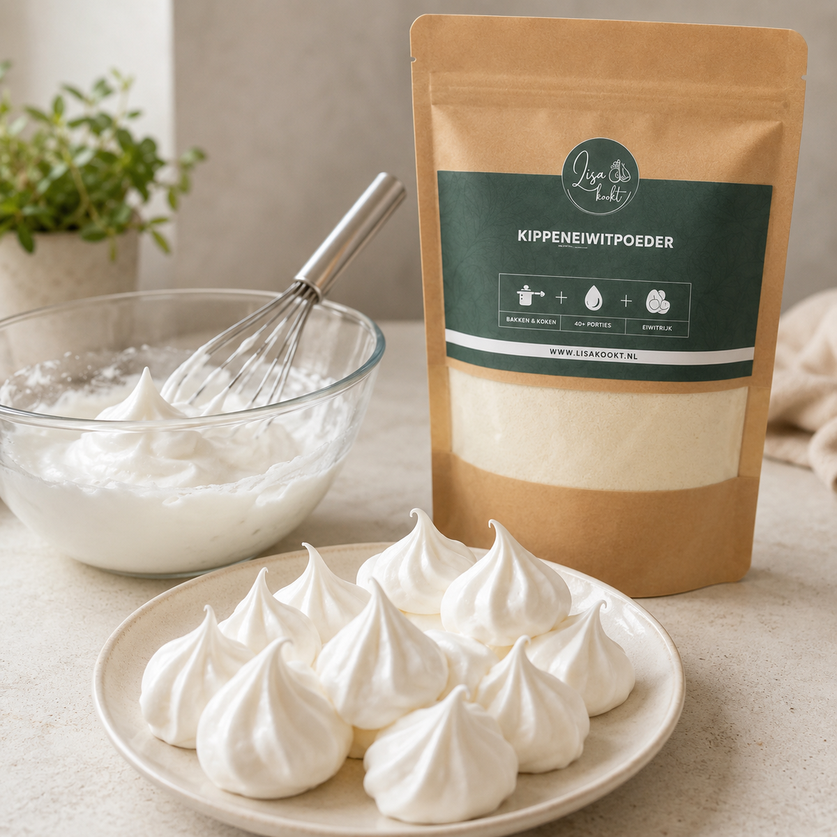 Meringues en eiwitschuim van kippeneiwitpoeder