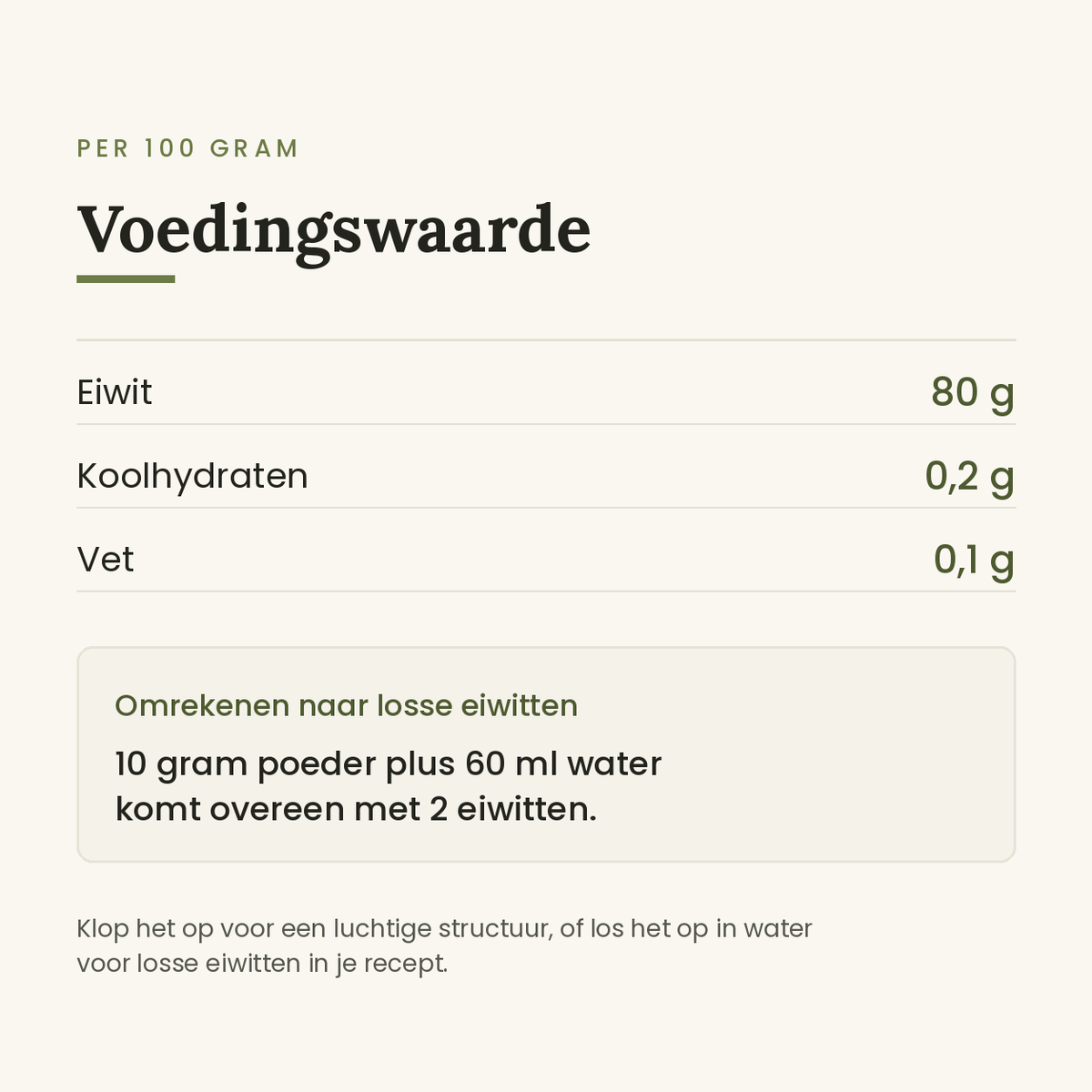 Voedingswaarde kippeneiwitpoeder per 100 gram