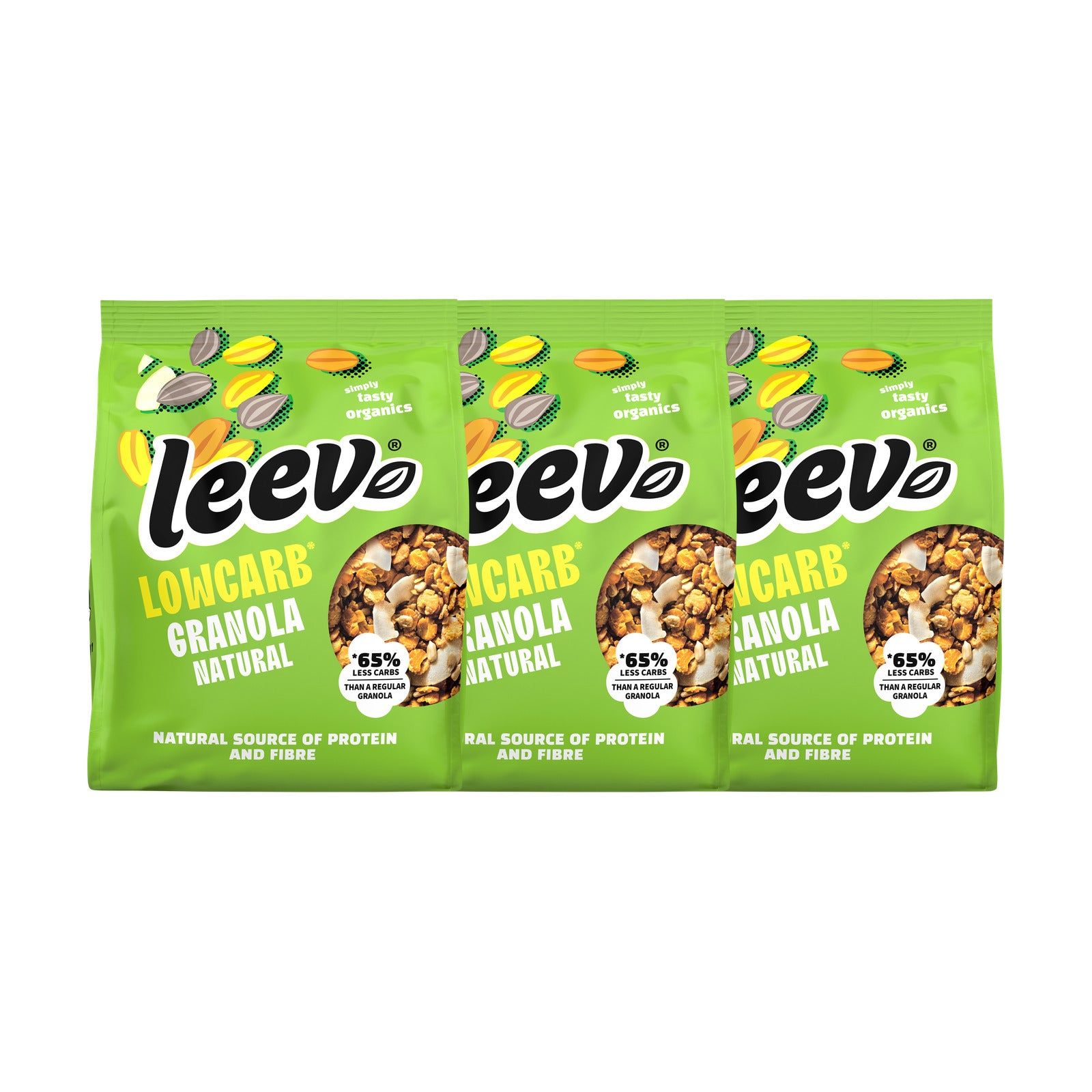 Drie zakken Leev Granola Naturel naast elkaar, 3 x 275 gram