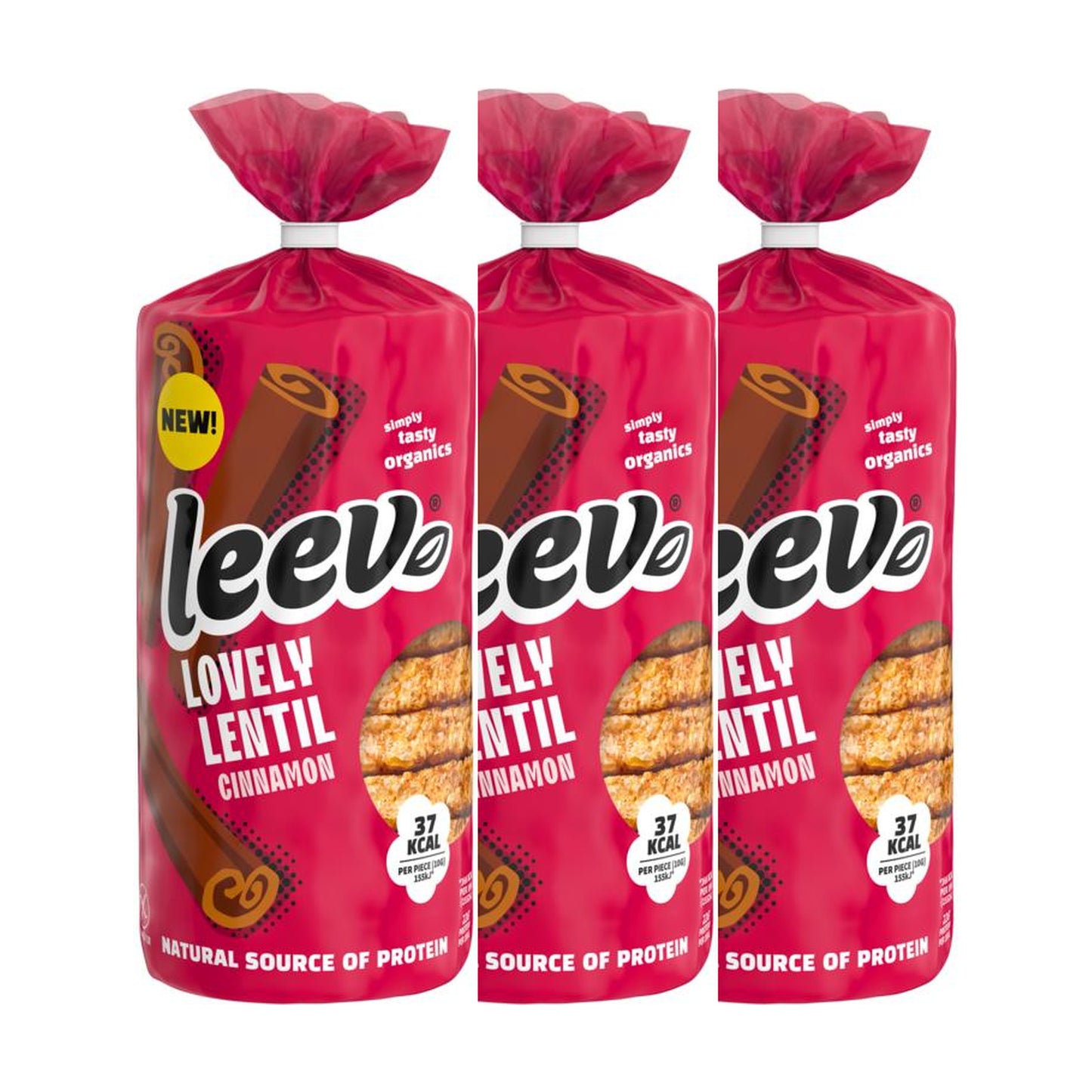 Drie rollen Leev Linzenwafels Kaneel naast elkaar, 3 x 130 gram