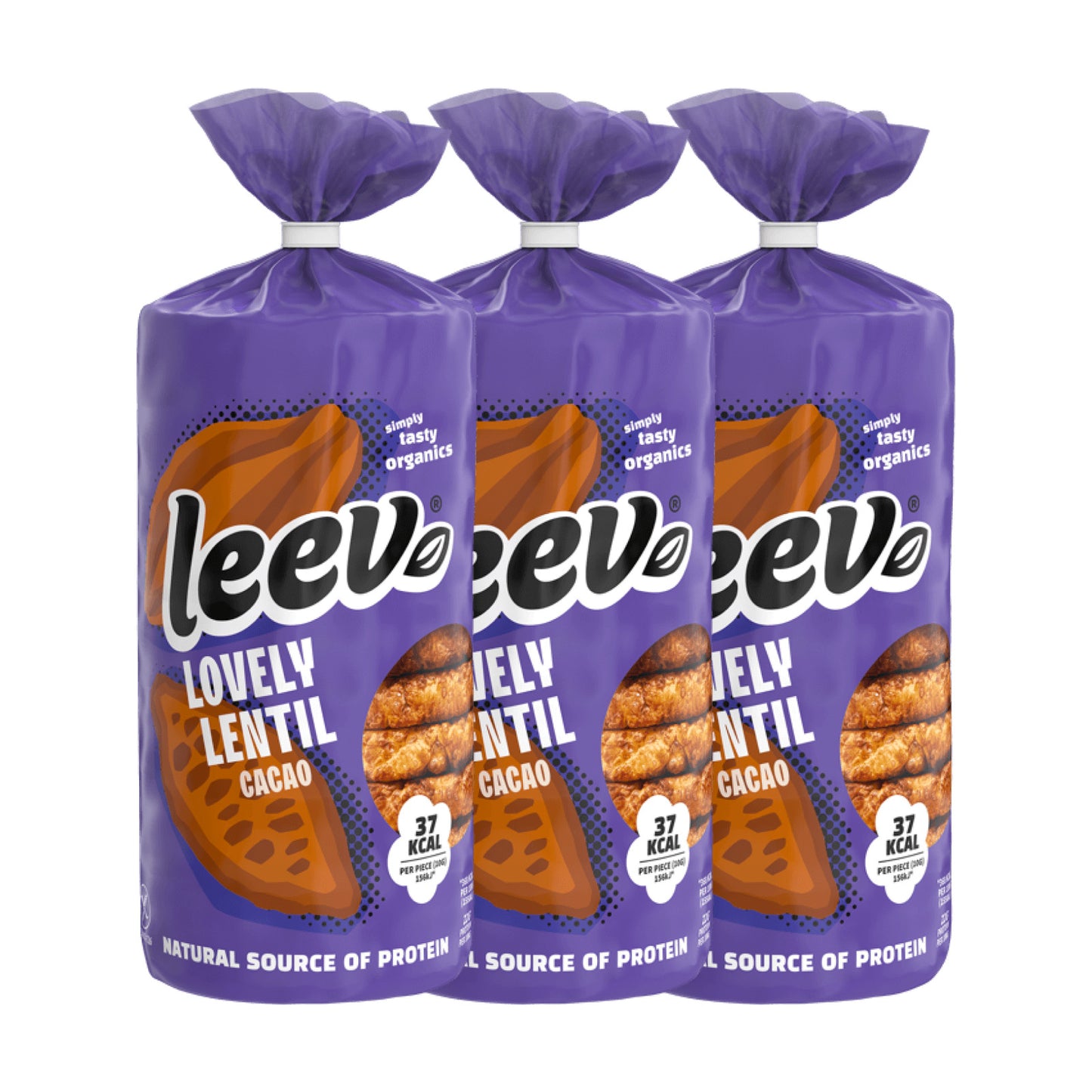 Drie rollen Leev Linzenwafels Cacao naast elkaar, 3 x 130 gram