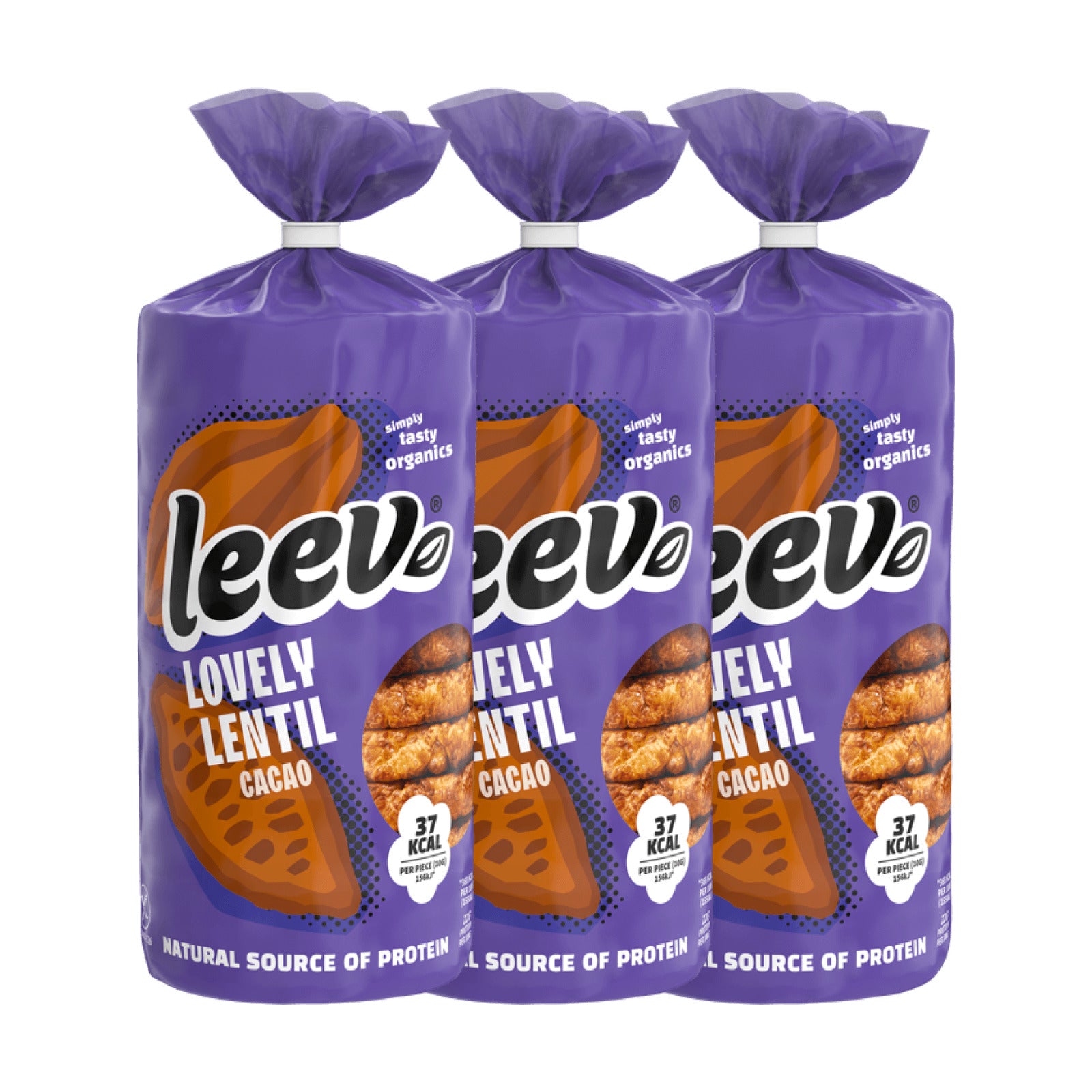 Drie rollen Leev Linzenwafels Cacao naast elkaar, 3 x 130 gram