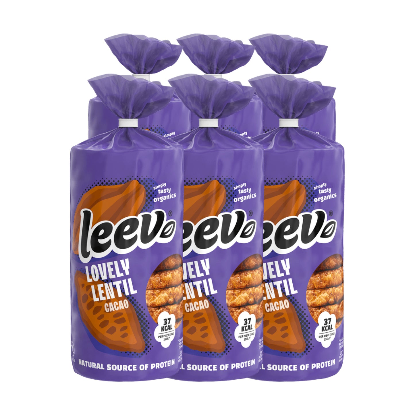Zes rollen Leev Linzenwafels Cacao gestapeld, 6 x 130 gram