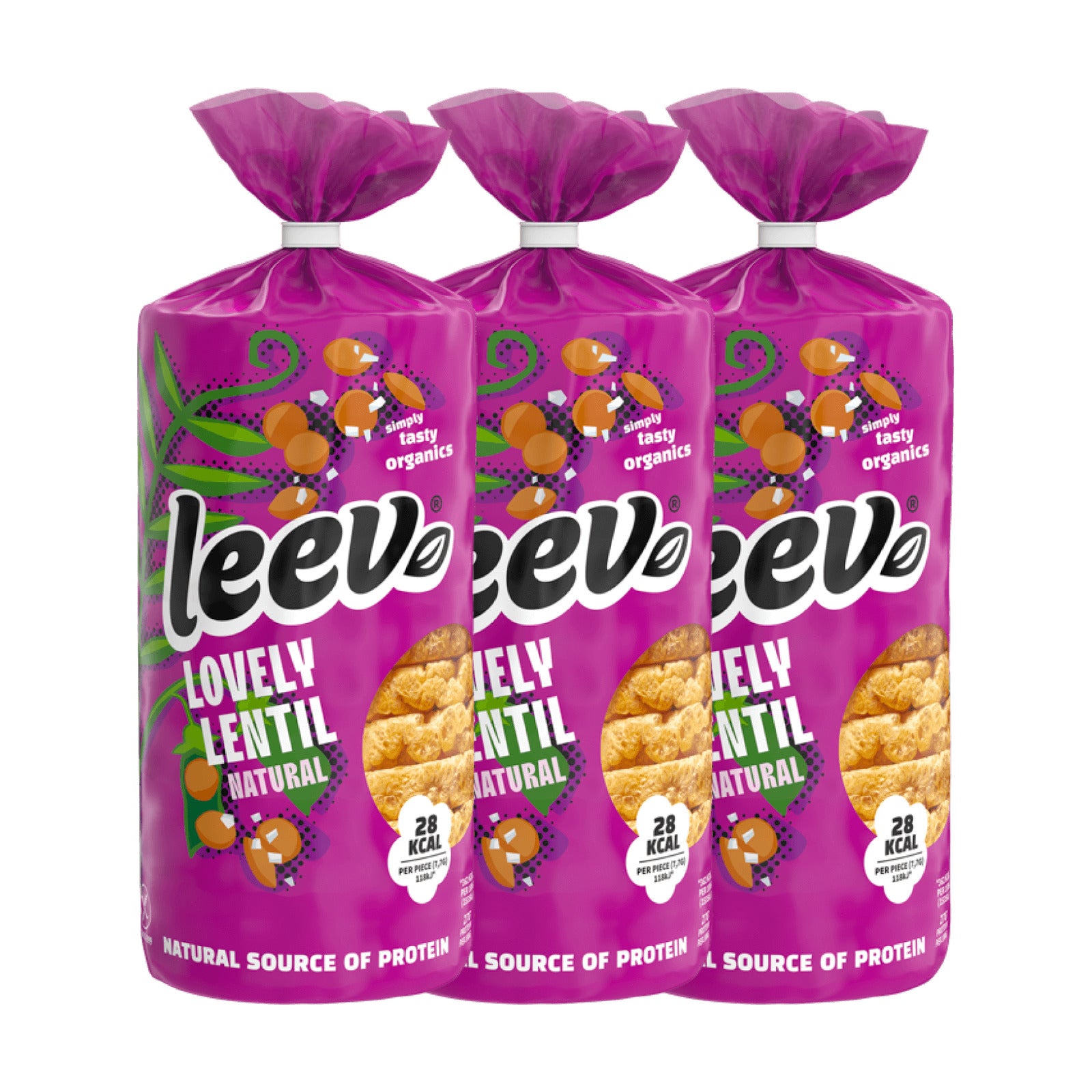 Drie rollen Leev Linzenwafels Naturel naast elkaar, 3 x 100 gram