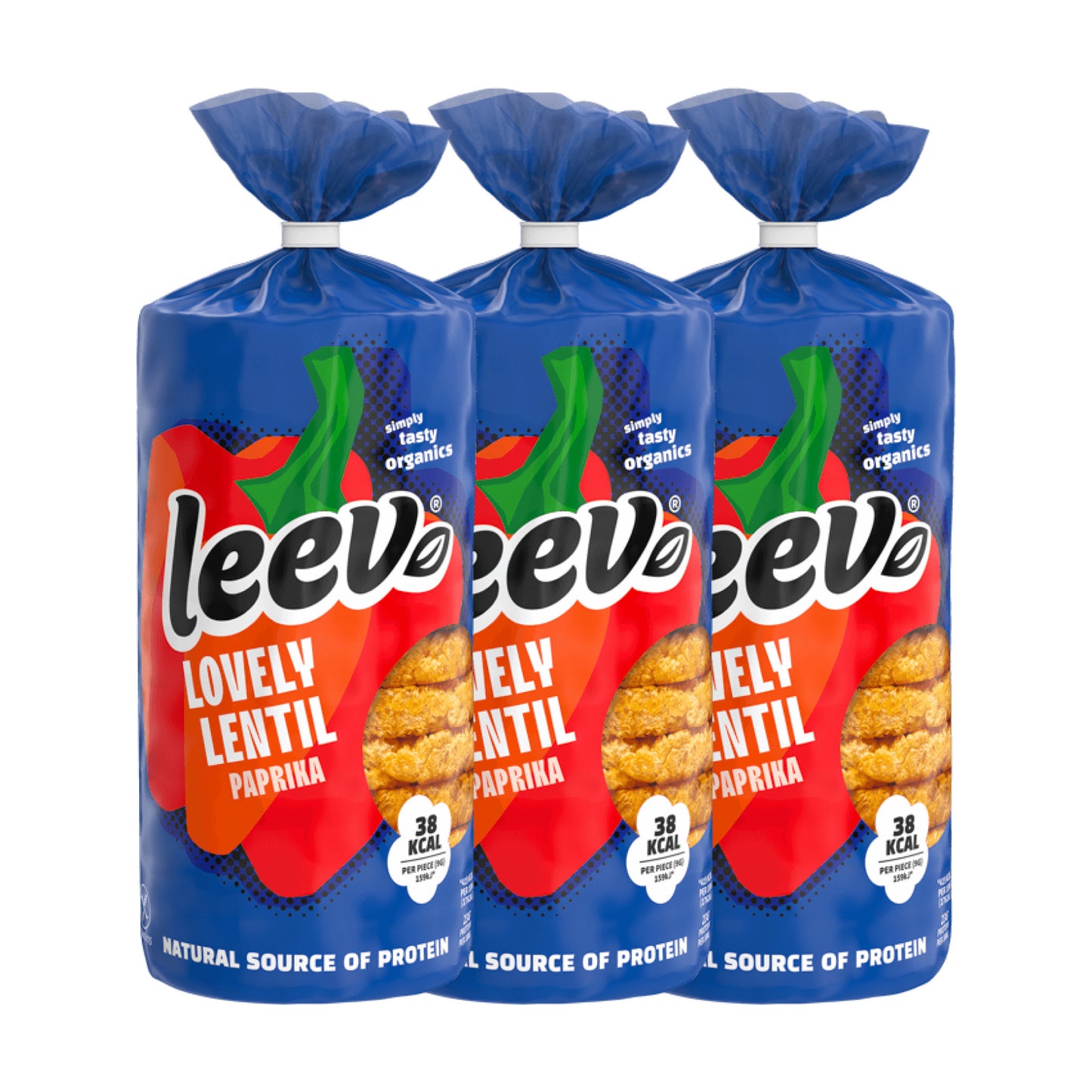 Drie rollen Leev Linzenwafels Paprika naast elkaar, 3 x 117 gram