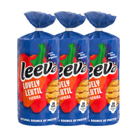 Drie rollen Leev Linzenwafels Paprika naast elkaar, 3 x 117 gram