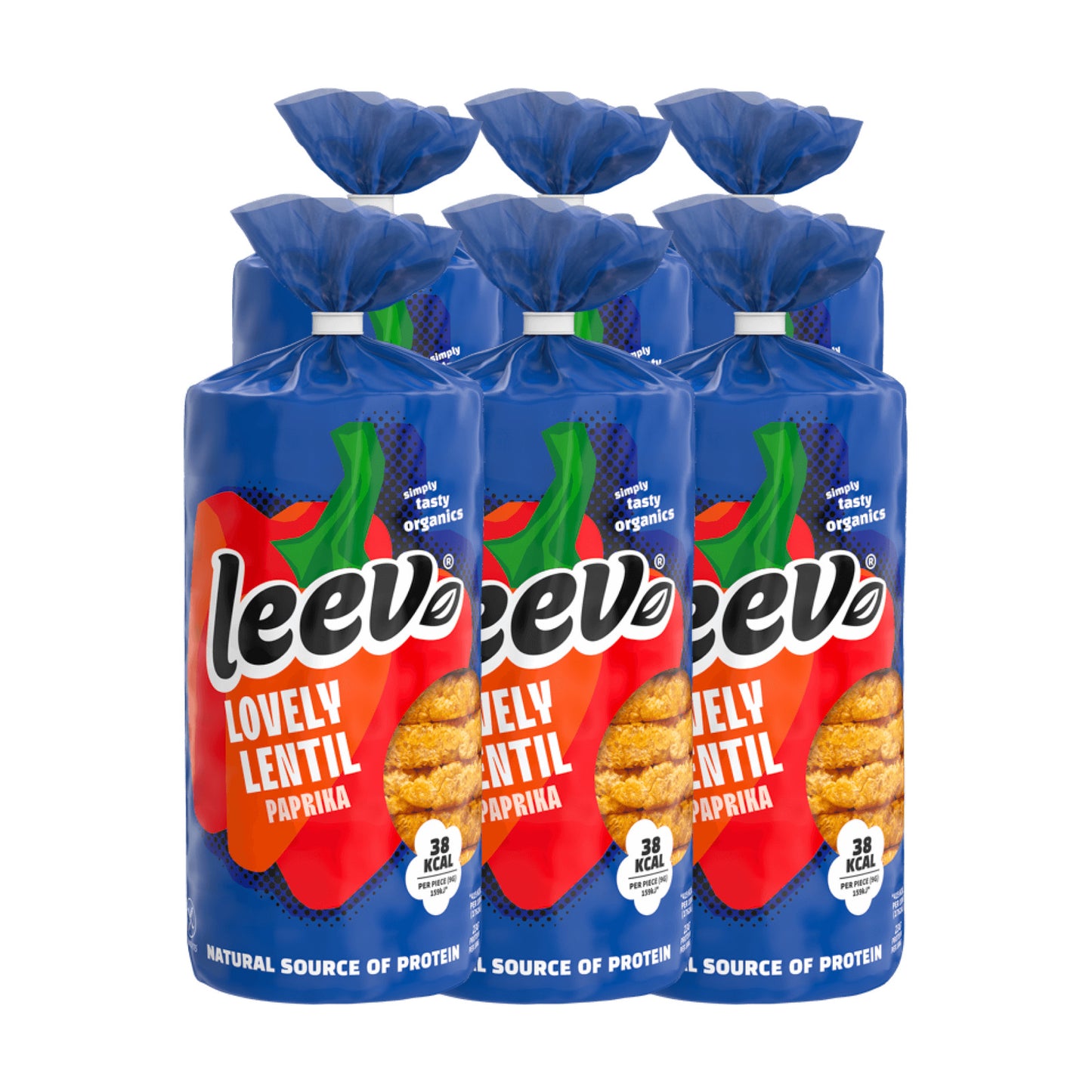 Zes rollen Leev Linzenwafels Paprika gestapeld, 6 x 117 gram