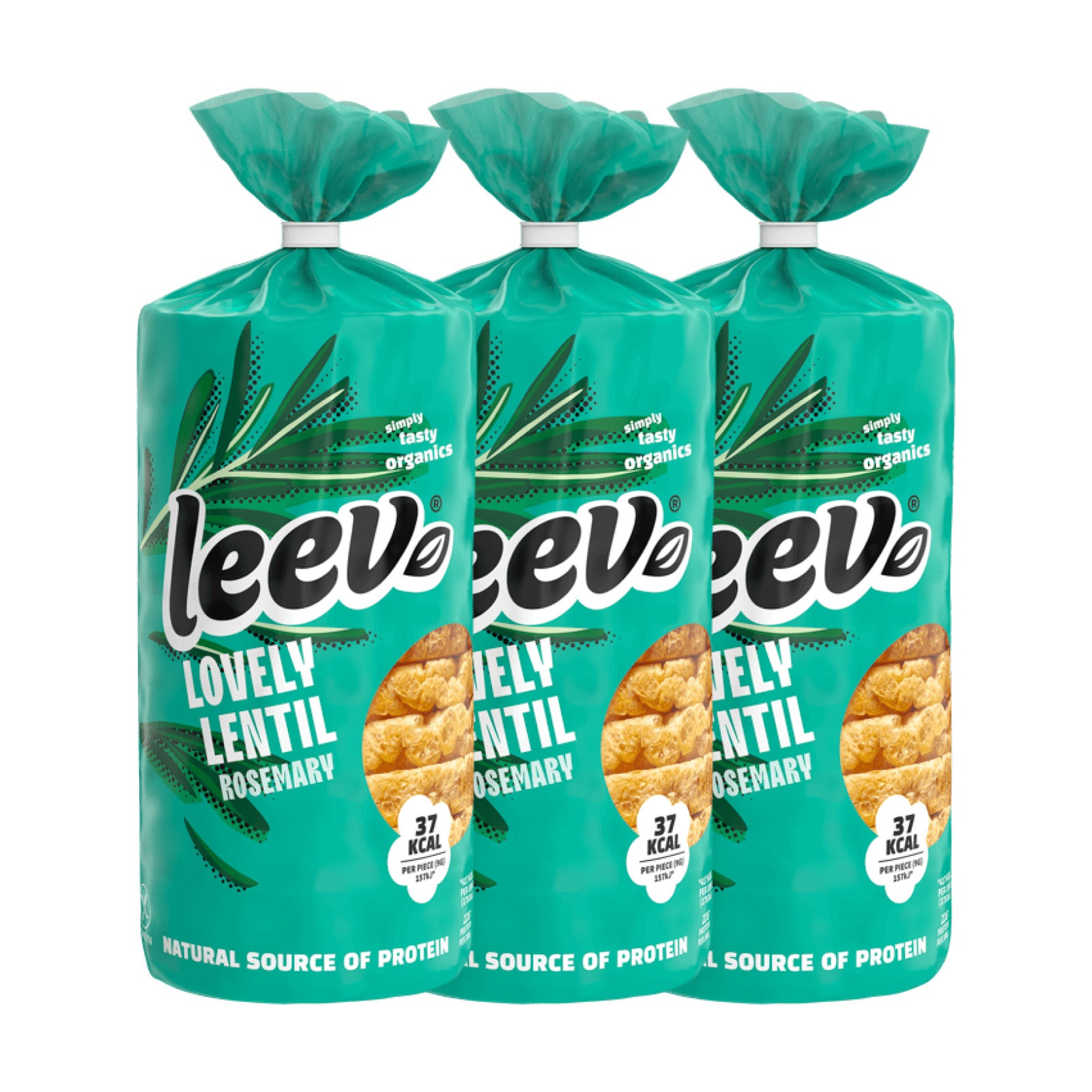 Drie rollen Leev Linzenwafels Rozemarijn naast elkaar, 3 x 117 gram