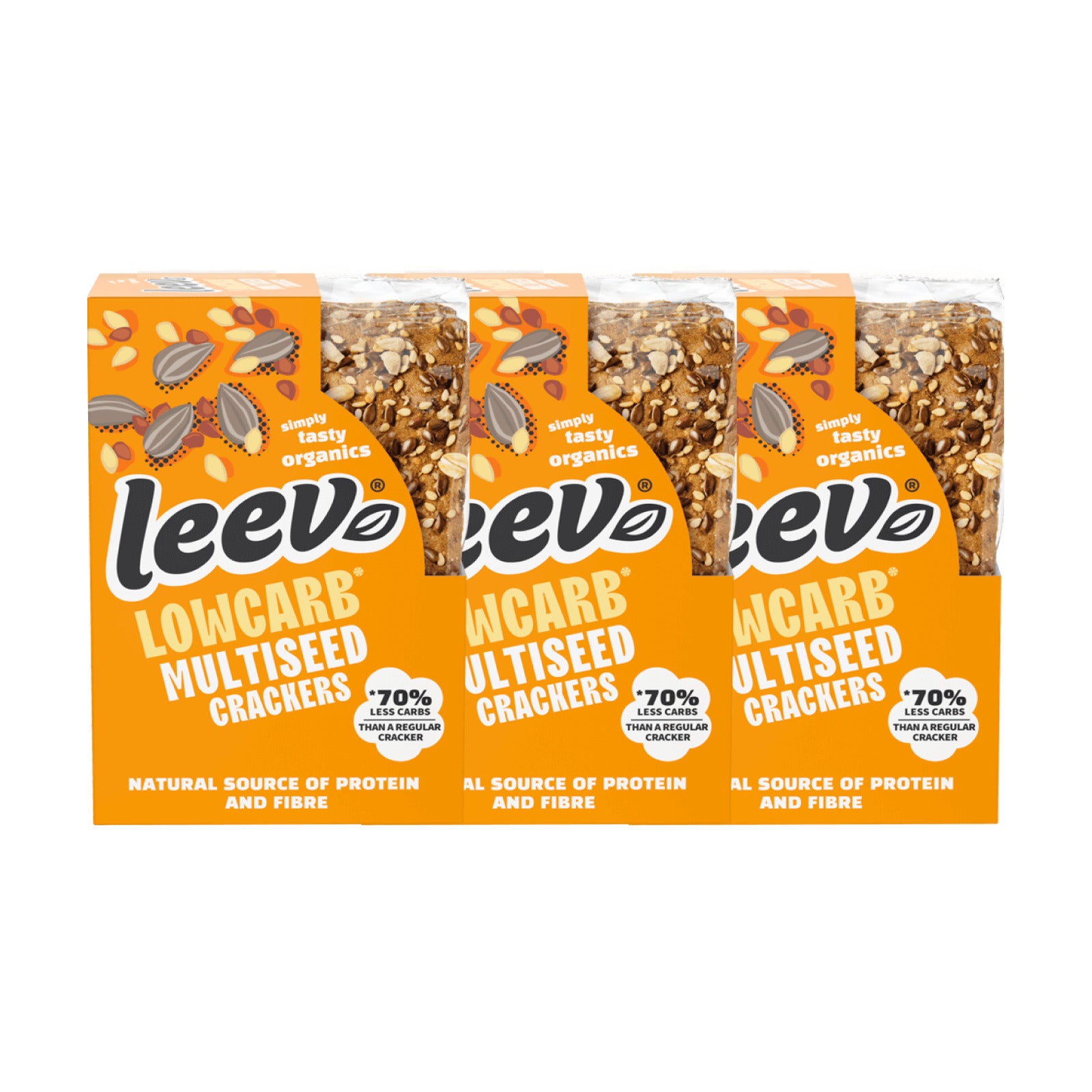 Drie pakken Leev Crackers Multiseed naast elkaar, 3 x 80 gram