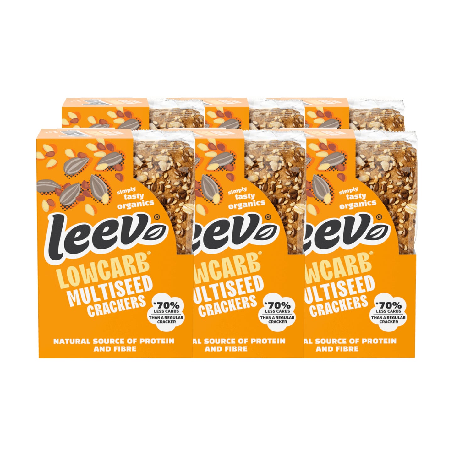 Zes pakken Leev Crackers Multiseed gestapeld, 6 x 80 gram
