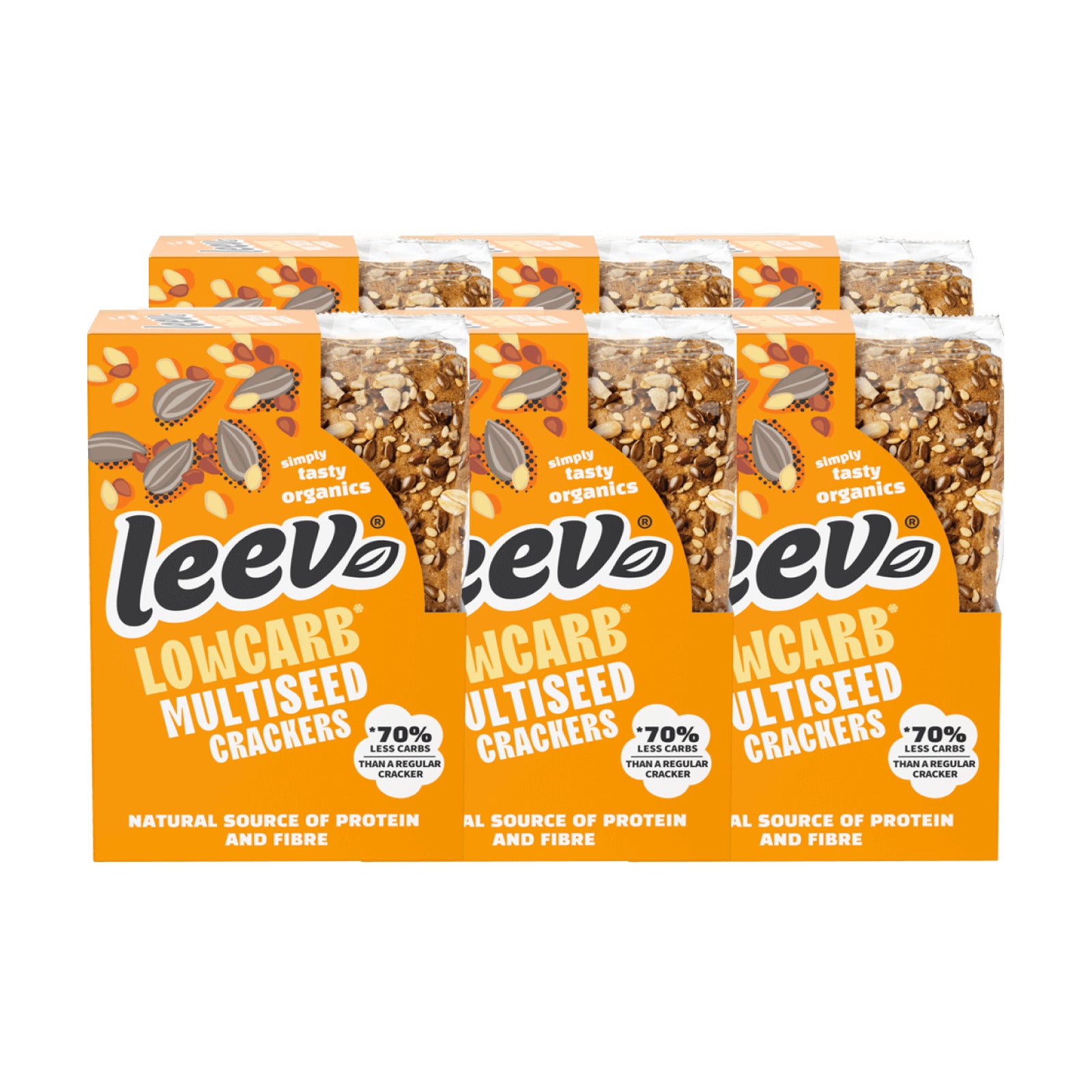 Zes pakken Leev Crackers Multiseed gestapeld, 6 x 80 gram