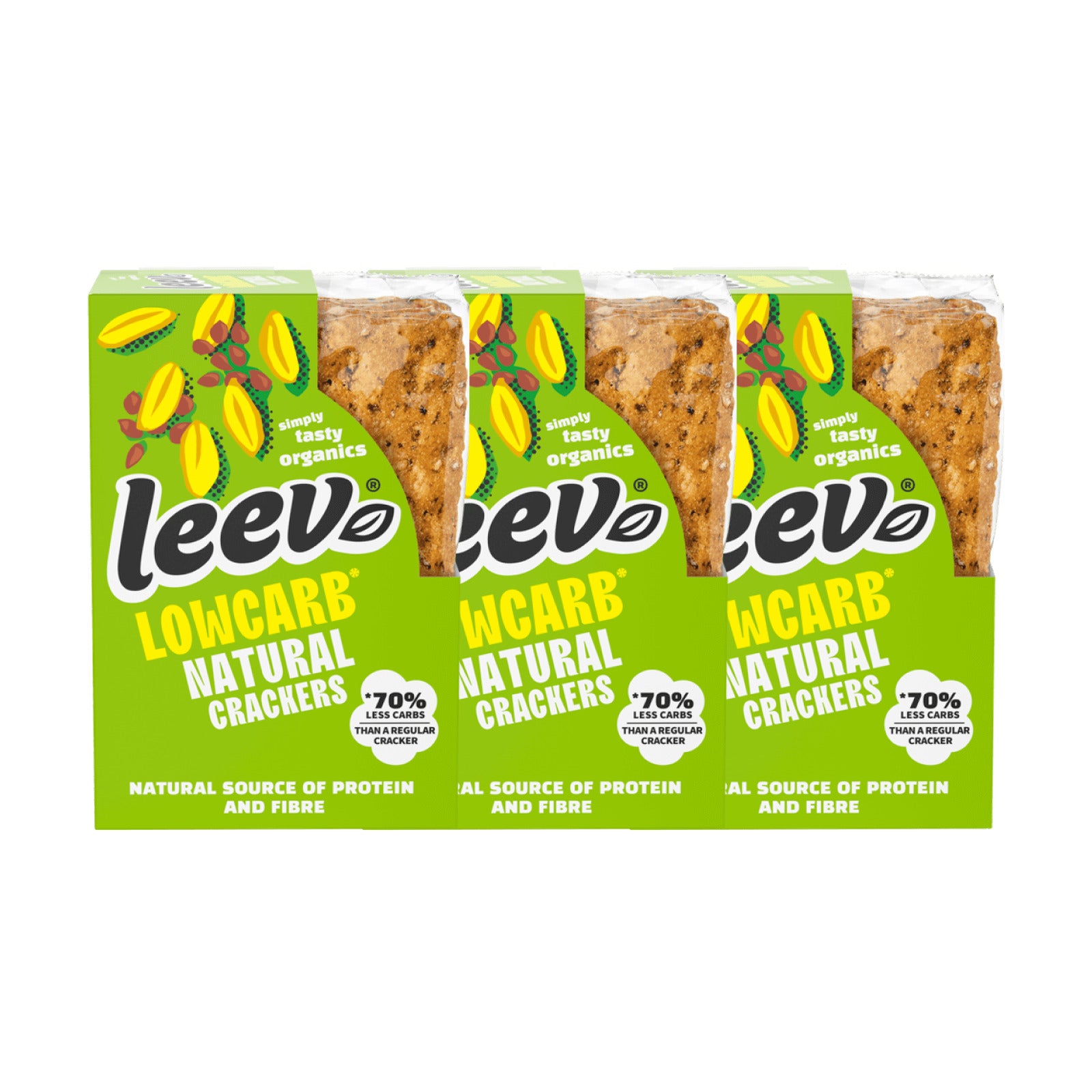 Drie pakken Leev Crackers Naturel naast elkaar, 3 x 80 gram