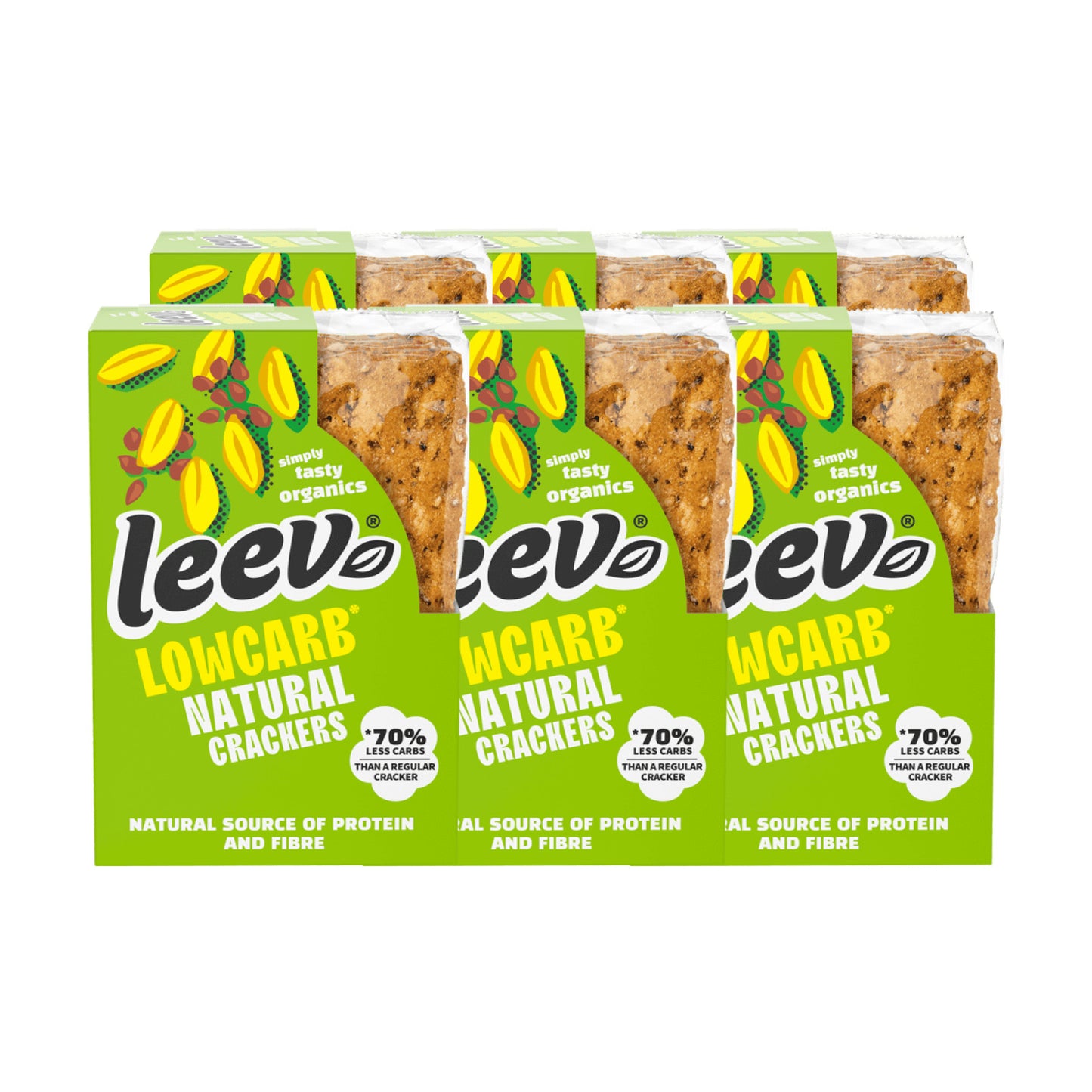 Zes pakken Leev Crackers Naturel gestapeld, 6 x 80 gram