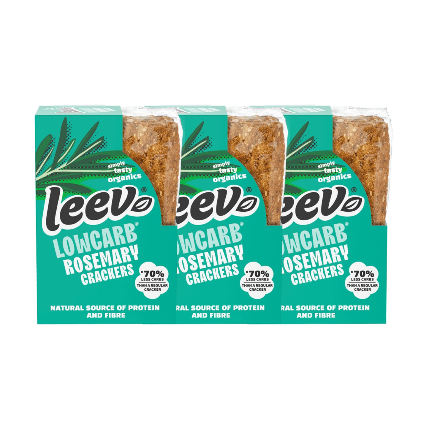 Drie pakken Leev Crackers Rozemarijn naast elkaar, 3 x 80 gram