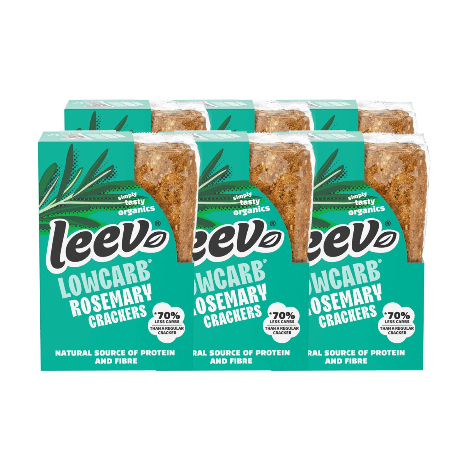 Zes pakken Leev Crackers Rozemarijn gestapeld, 6 x 80 gram