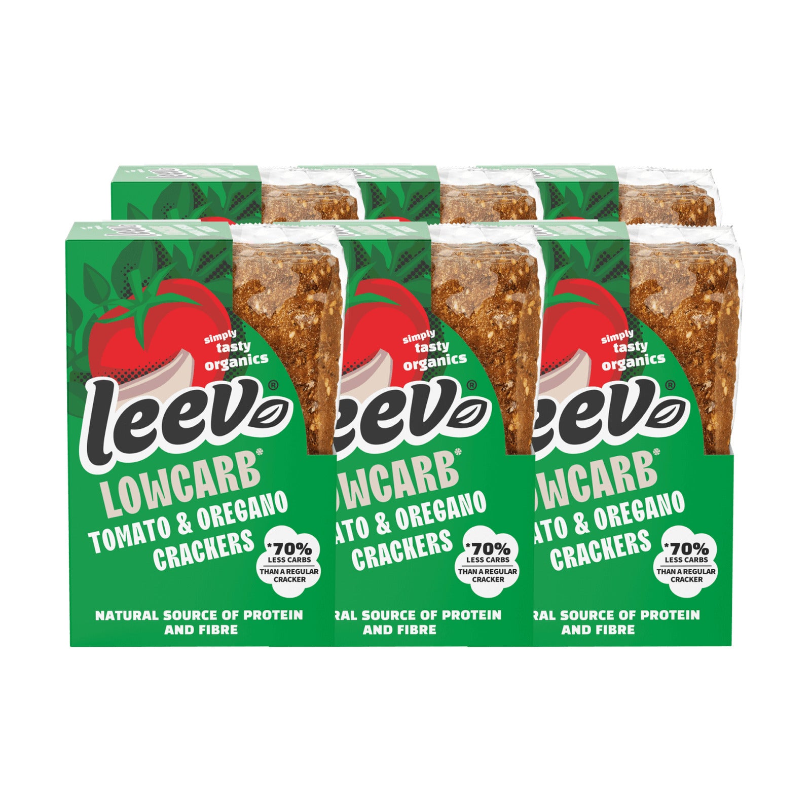 Zes pakken Leev Crackers Tomaat en Oregano gestapeld, 6 x 80 gram