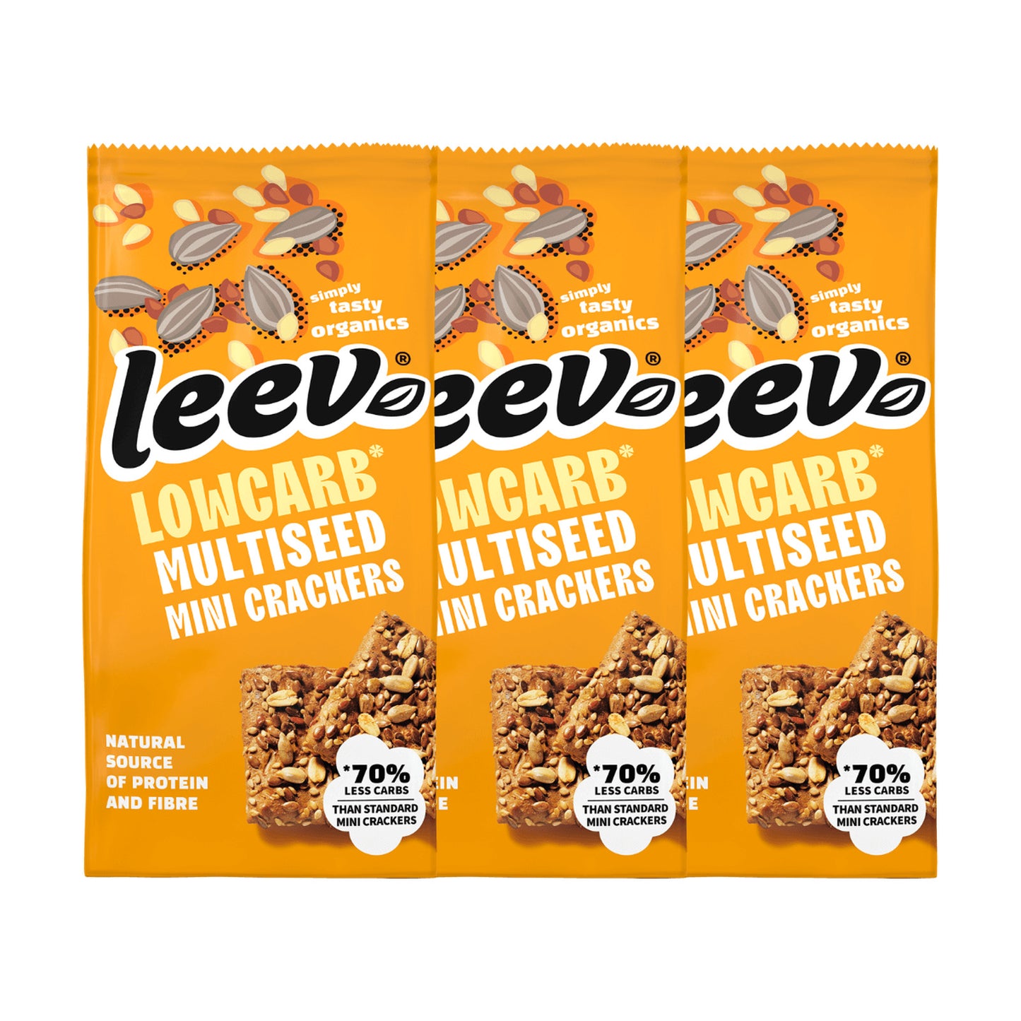 Drie zakken Leev Mini Crackers Multiseed naast elkaar, 3 x 85 gram