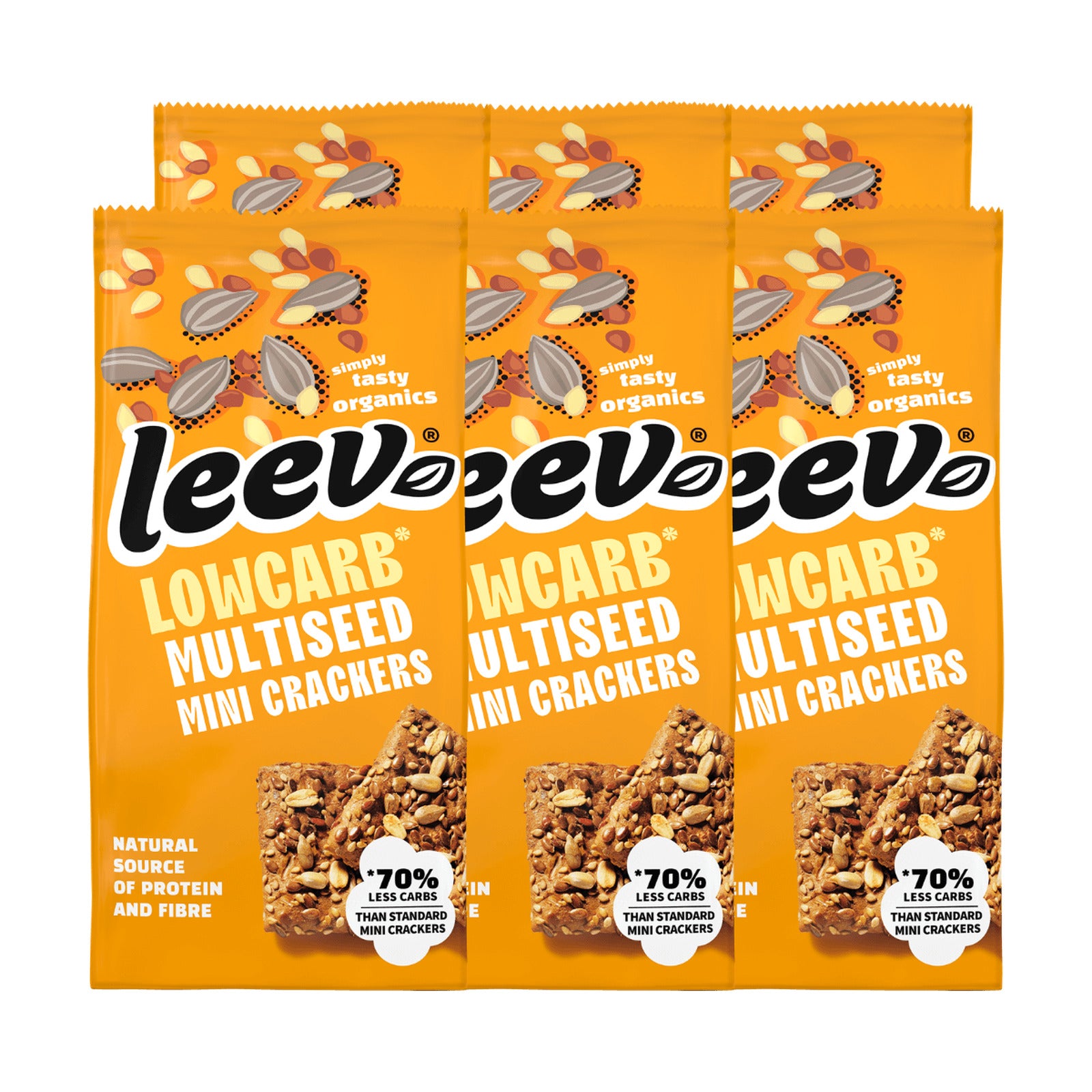 Zes zakken Leev Mini Crackers Multiseed gestapeld, 6 x 85 gram