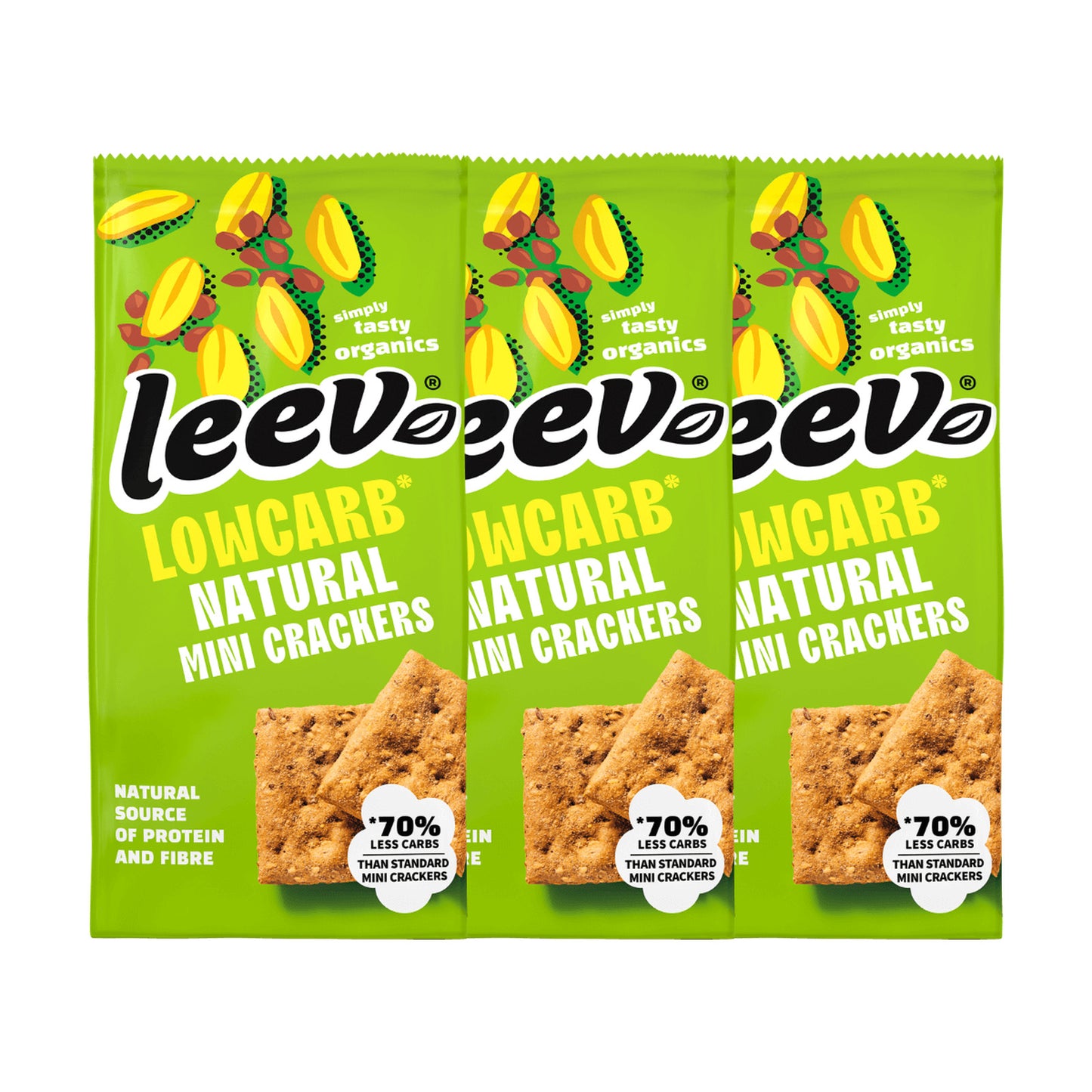 Drie zakken Leev Mini Crackers Naturel naast elkaar, 3 x 85 gram