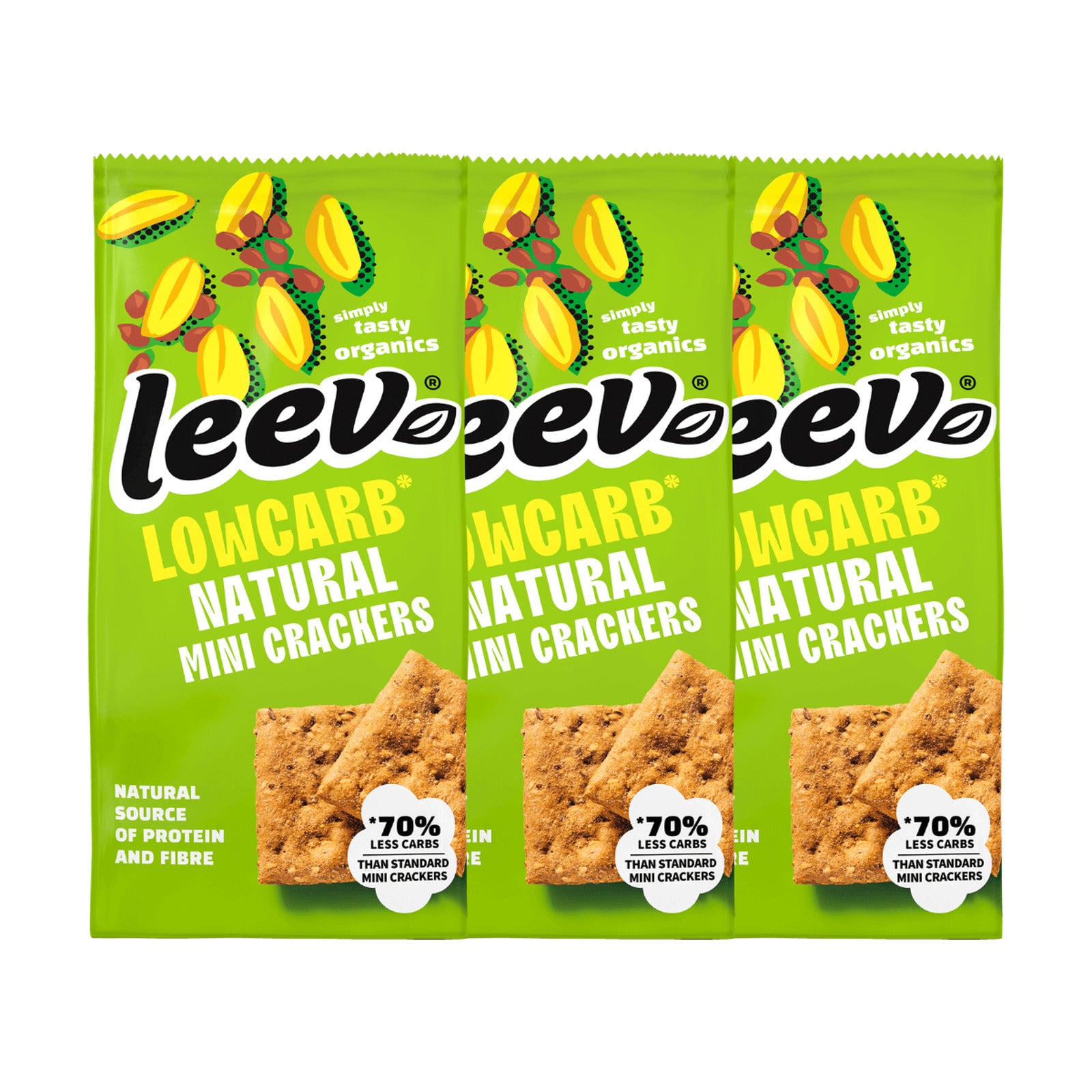 Drie zakken Leev Mini Crackers Naturel naast elkaar, 3 x 85 gram