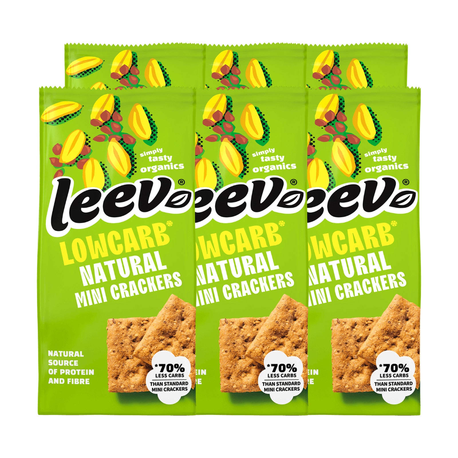 Zes zakken Leev Mini Crackers Naturel gestapeld, 6 x 85 gram