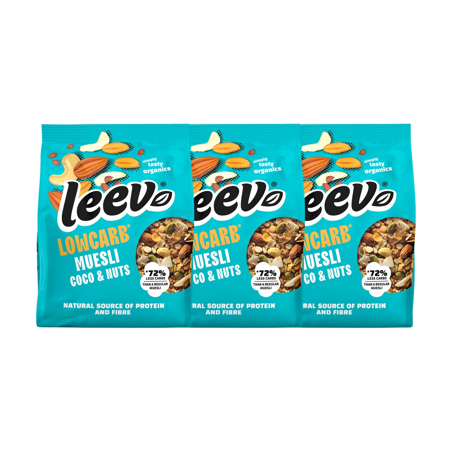 Drie zakken Leev Muesli Coco & Nuts naast elkaar, 3 x 275 gram