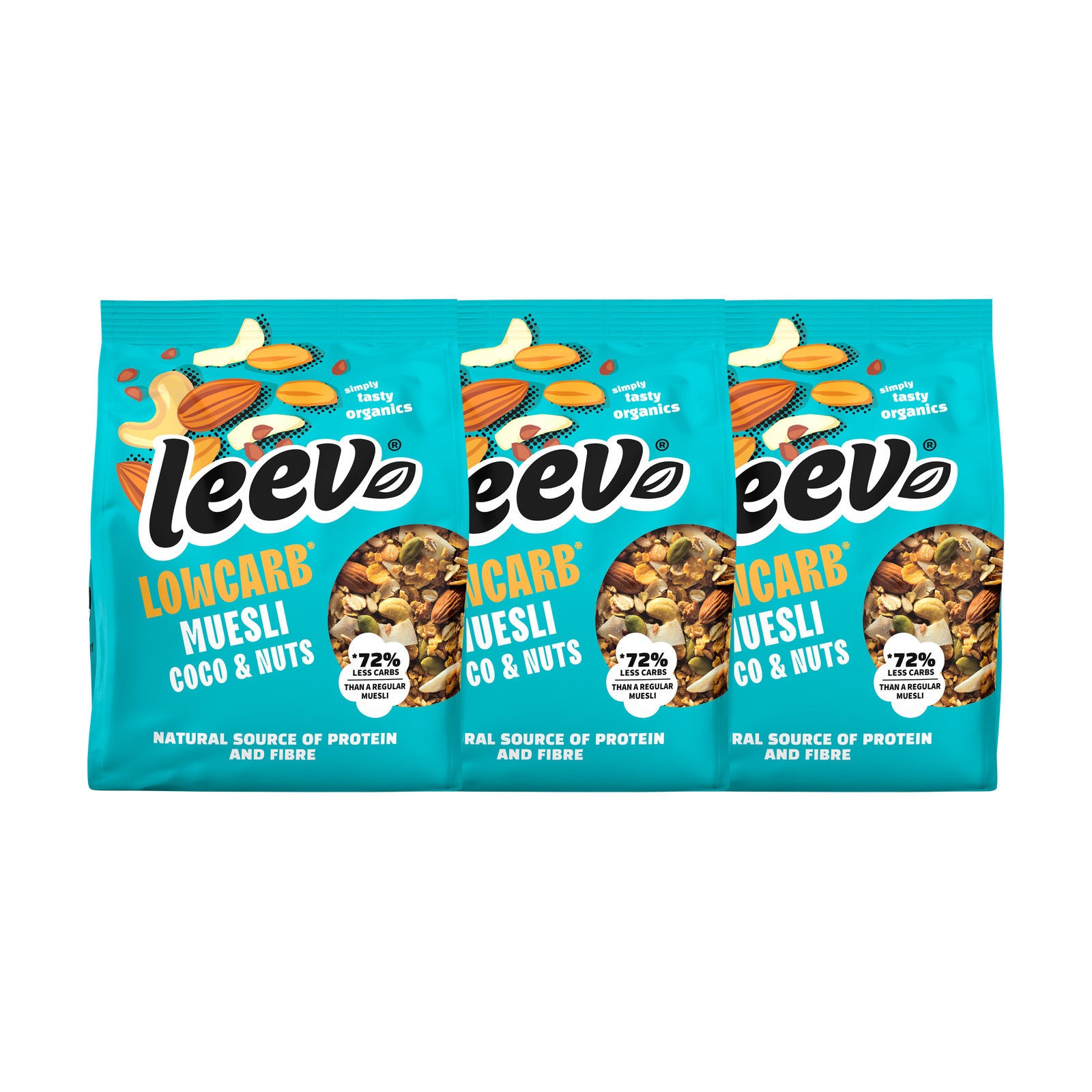 Drie zakken Leev Muesli Coco & Nuts naast elkaar, 3 x 275 gram