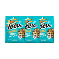 Drie zakken Leev Muesli Coco & Nuts naast elkaar, 3 x 275 gram