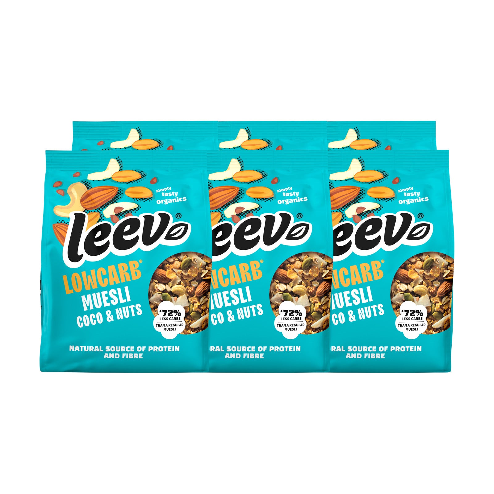 Zes zakken Leev Muesli Coco & Nuts gestapeld, 6 x 275 gram