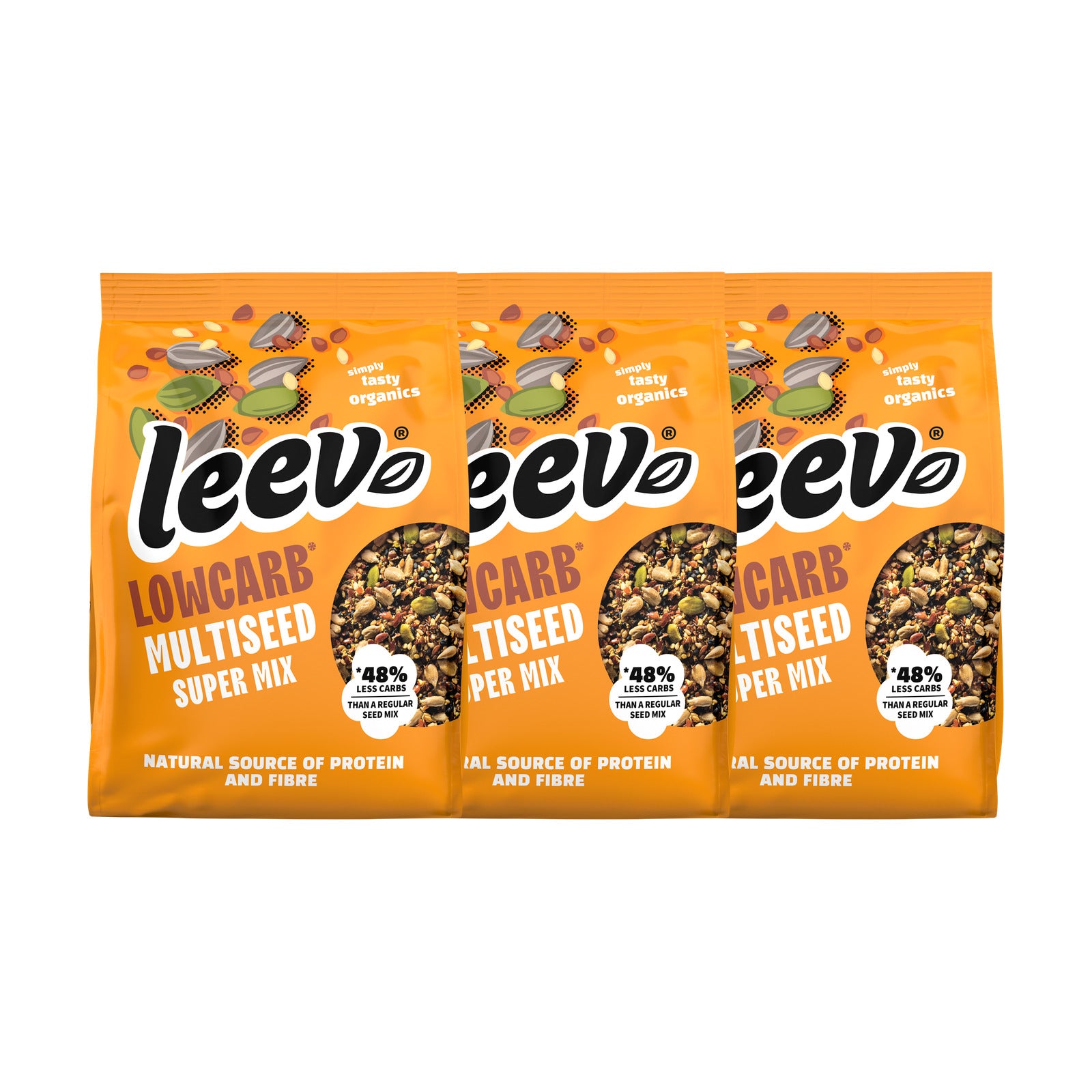 Drie zakken Leev Multiseed Zadenmix naast elkaar, 3 x 300 gram