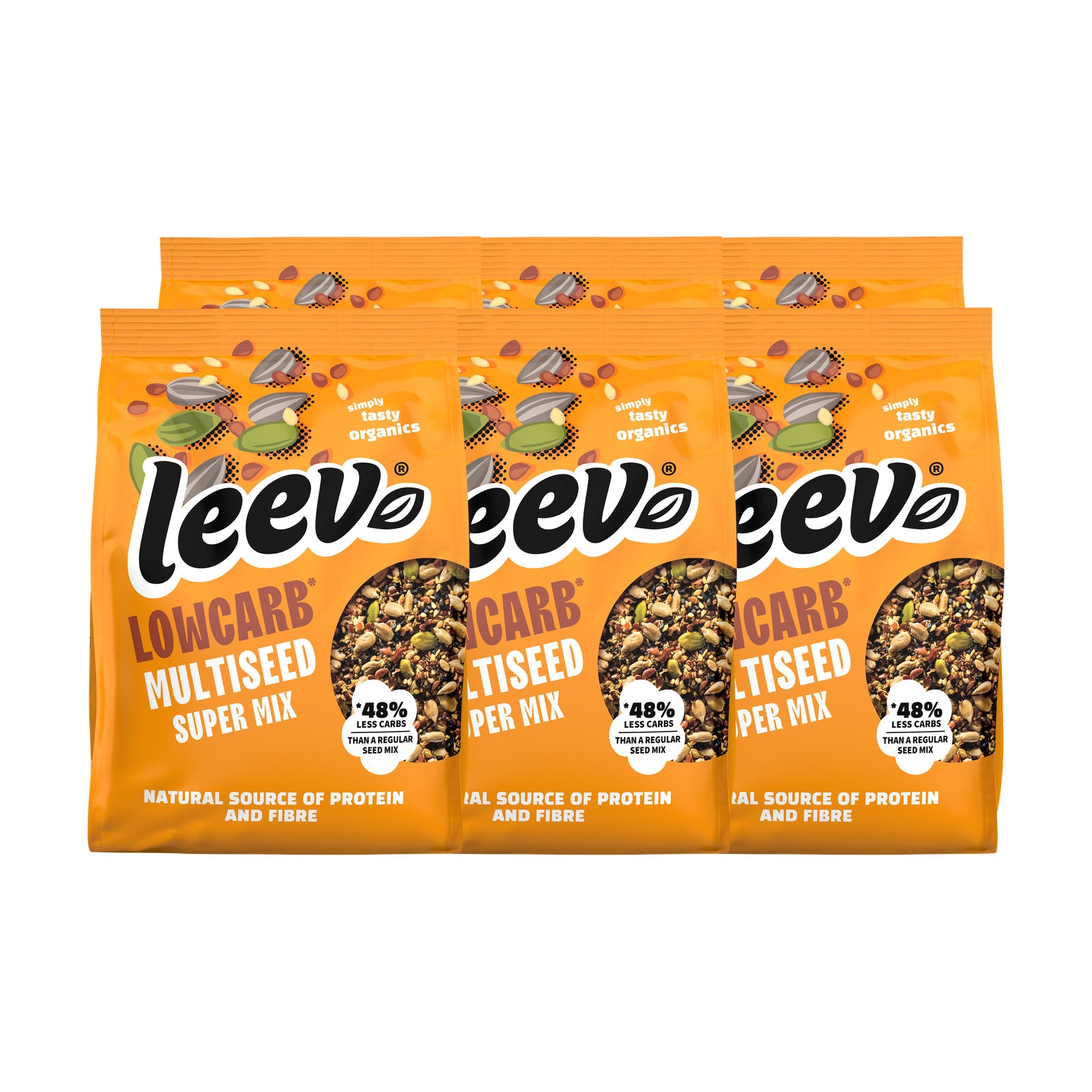 Zes zakken Leev Multiseed Zadenmix gestapeld, 6 x 300 gram
