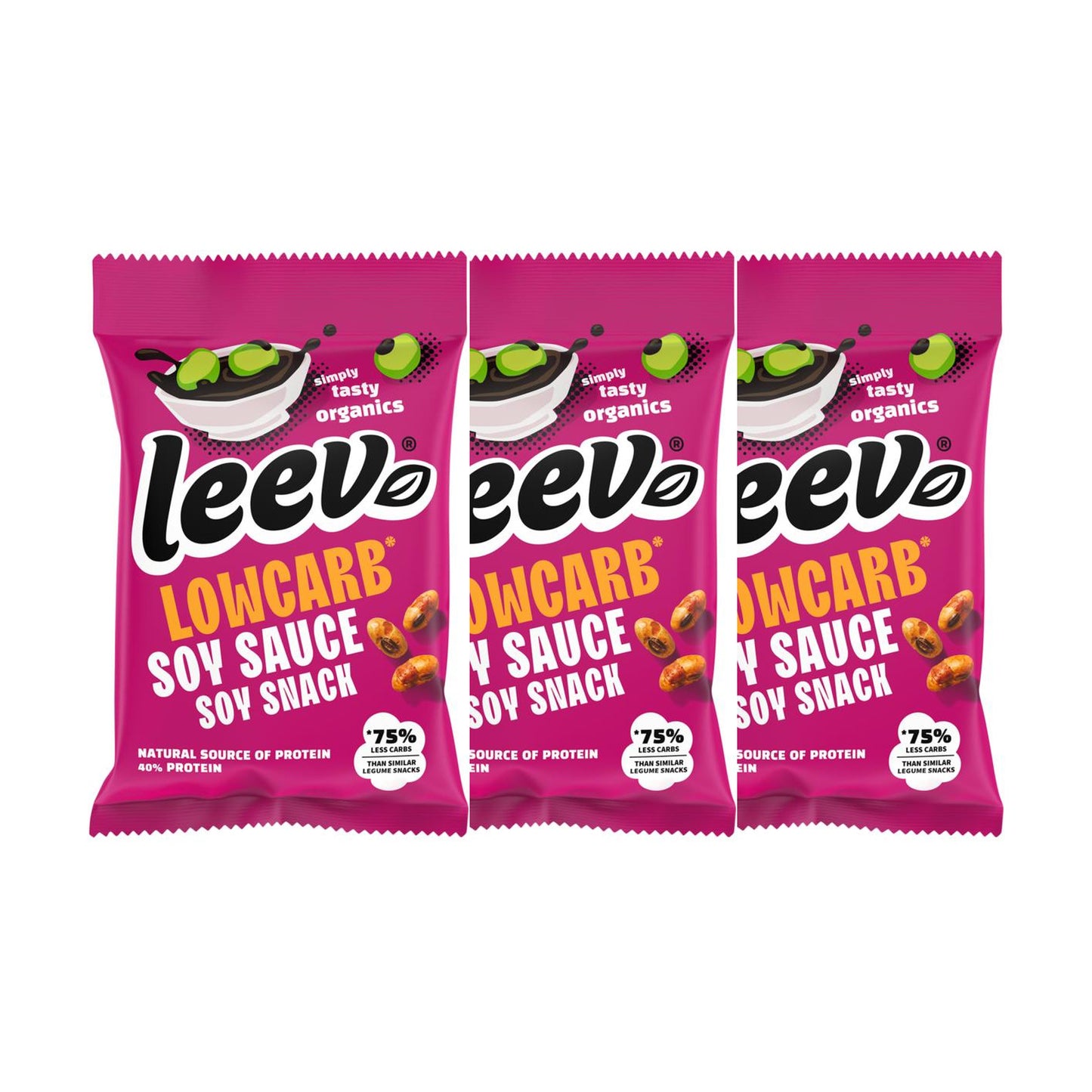 Drie zakjes Leev Sojabonen Sojasaus naast elkaar, 3 x 45 gram