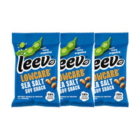 Drie zakjes Leev Sojabonen Zeezout naast elkaar, 3 x 45 gram