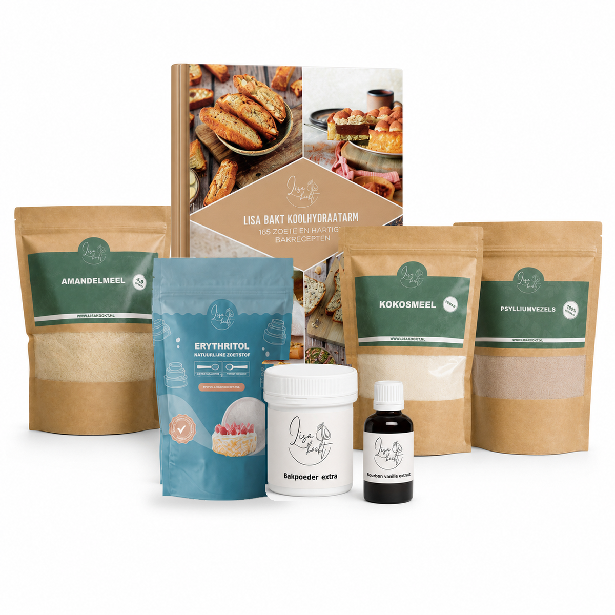 Bakpakket XL met het boek Lisa Bakt Koolhydraatarm, amandelmeel, erythritol, kokosmeel, psylliumvezels, bakpoeder en vanille extract