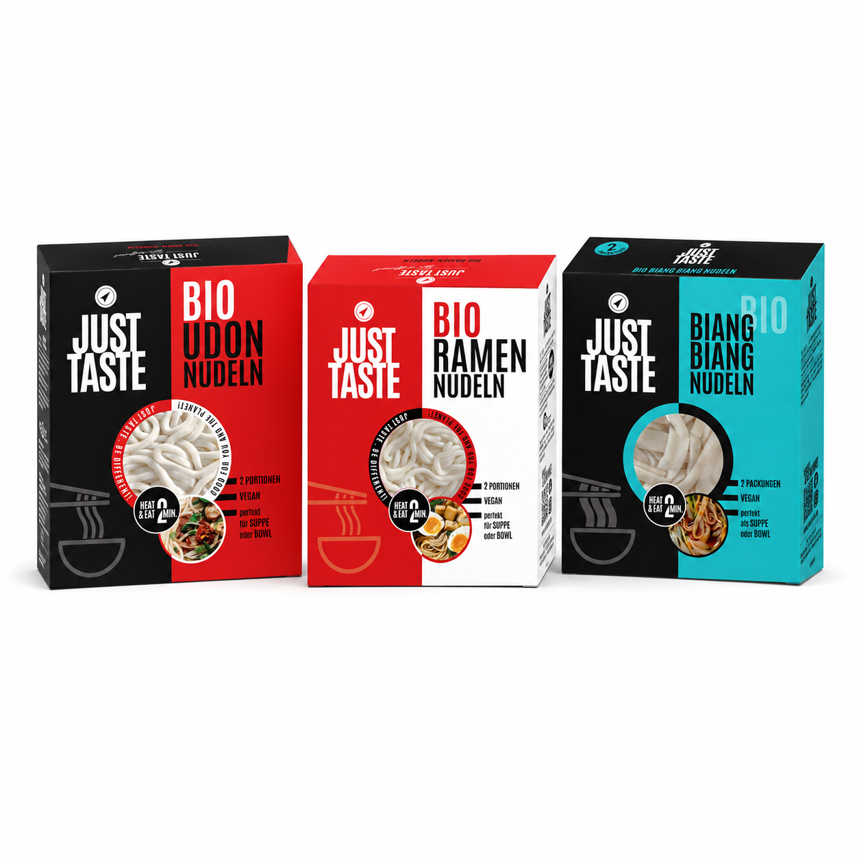 Bio noedels proefpakket met de dozen udon, ramen en biang biang noedels van Just Taste