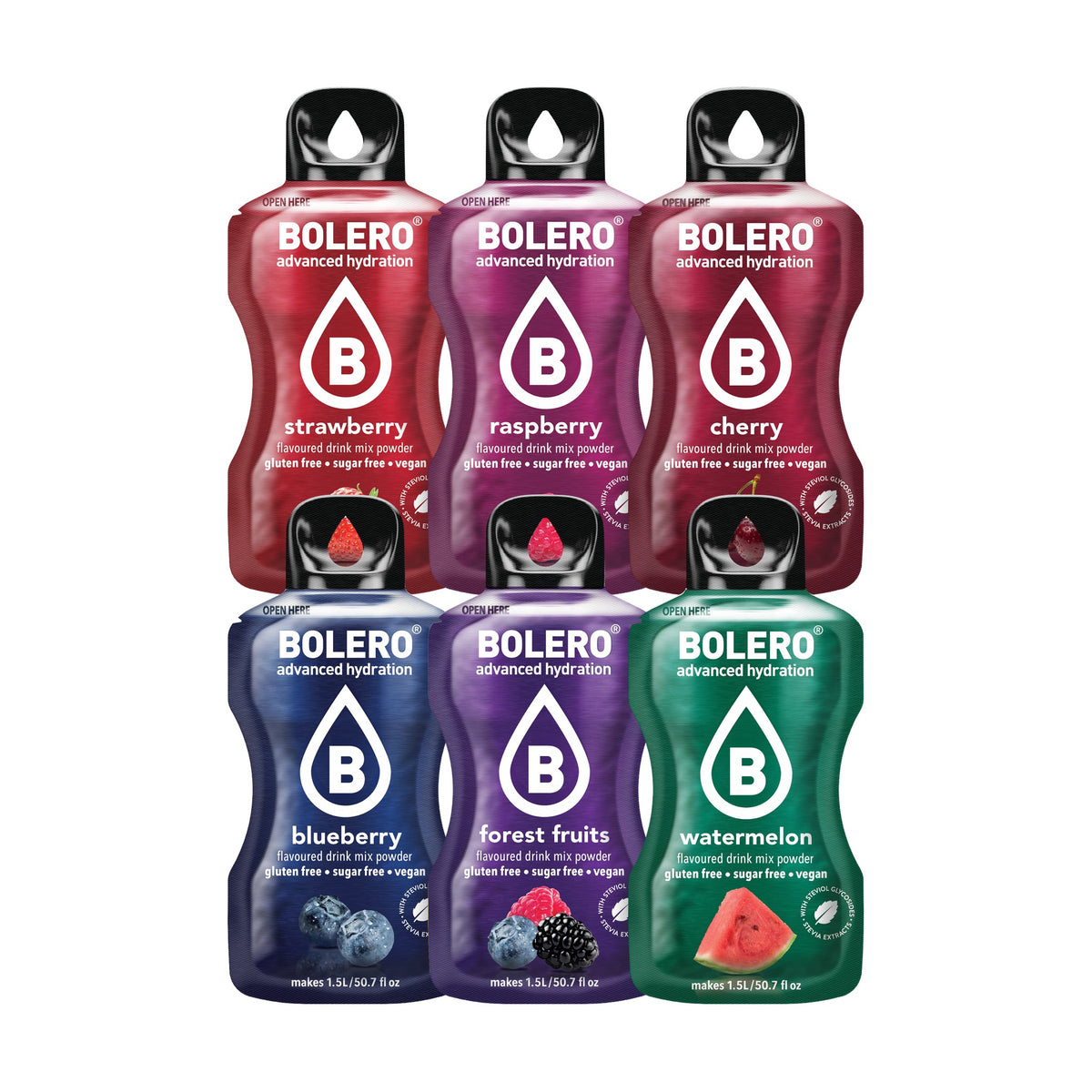 Bolero proefpakket Rood Fruit met zes smaken suikervrije limonadepoeder: aardbei, framboos, kers, bosbes, bosvruchten en watermeloen