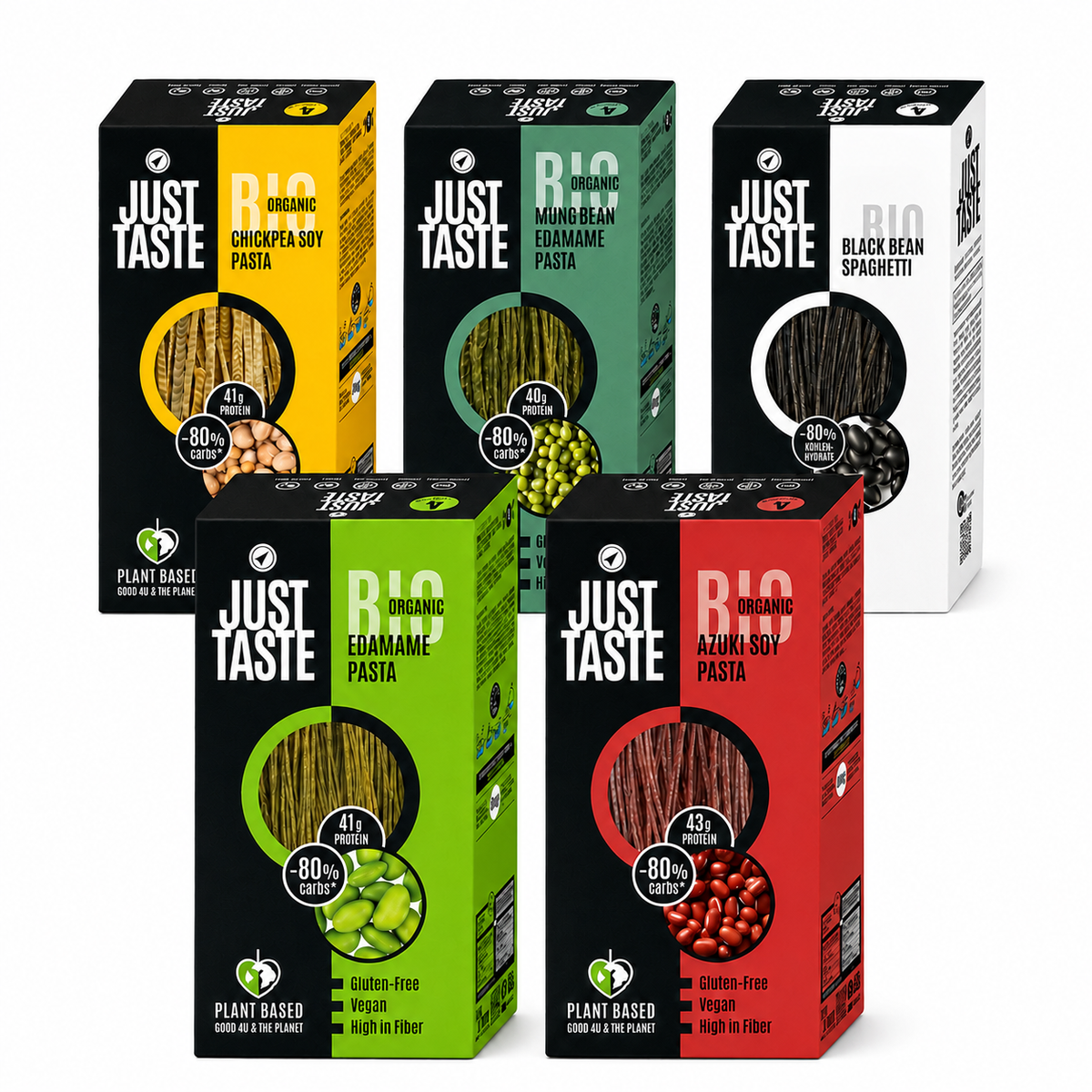 Bonenpasta proefpakket met kikkererwten, edamame, mungo edamame, zwarte bonen en azuki pasta van Just Taste