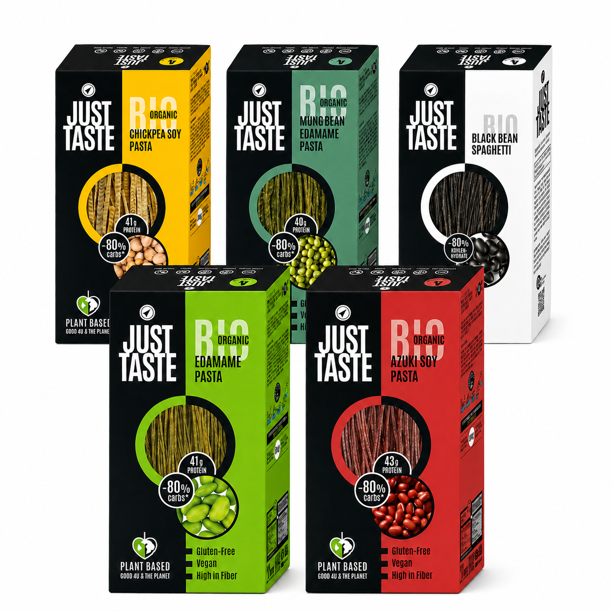 Bonenpasta proefpakket met kikkererwten, edamame, mungo edamame, zwarte bonen en azuki pasta van Just Taste