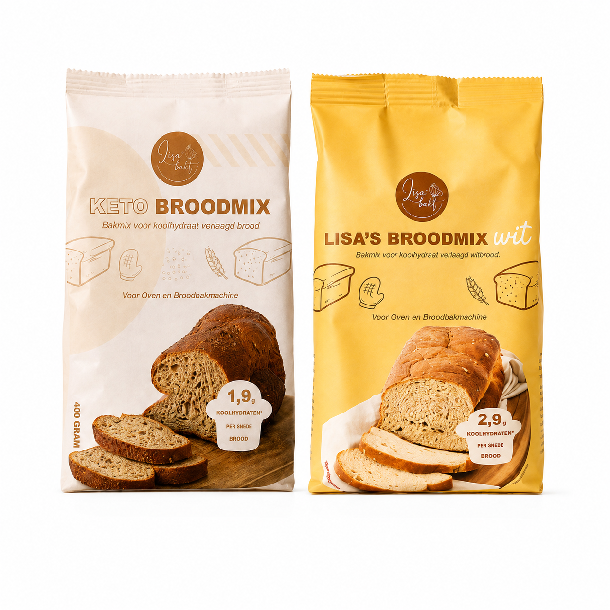 Broodmix proefpakket met de keto broodmix en Lisa's broodmix wit naast elkaar