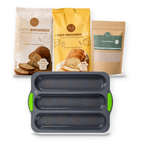 Broodpakket Compleet met bruin brood bakmix, witbrood bakmix, psylliumvezels en de stokbrood bakvorm